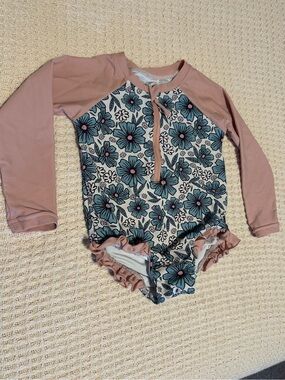 Caden Lane Long-Sleeve Floral Rash Guard Swimsuit - Dusty Pink & Teal